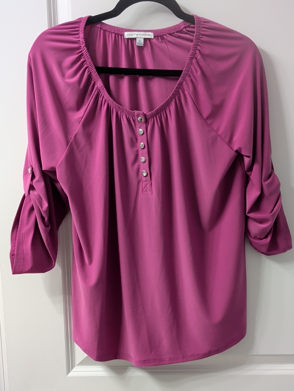 Notations Women's Magenta Button-Trim Peasant Top